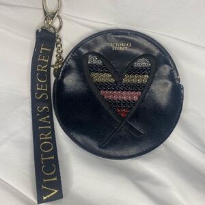 Victoria Secret Coin Purse Clutch Round Black Faux Leather Sequin Heart